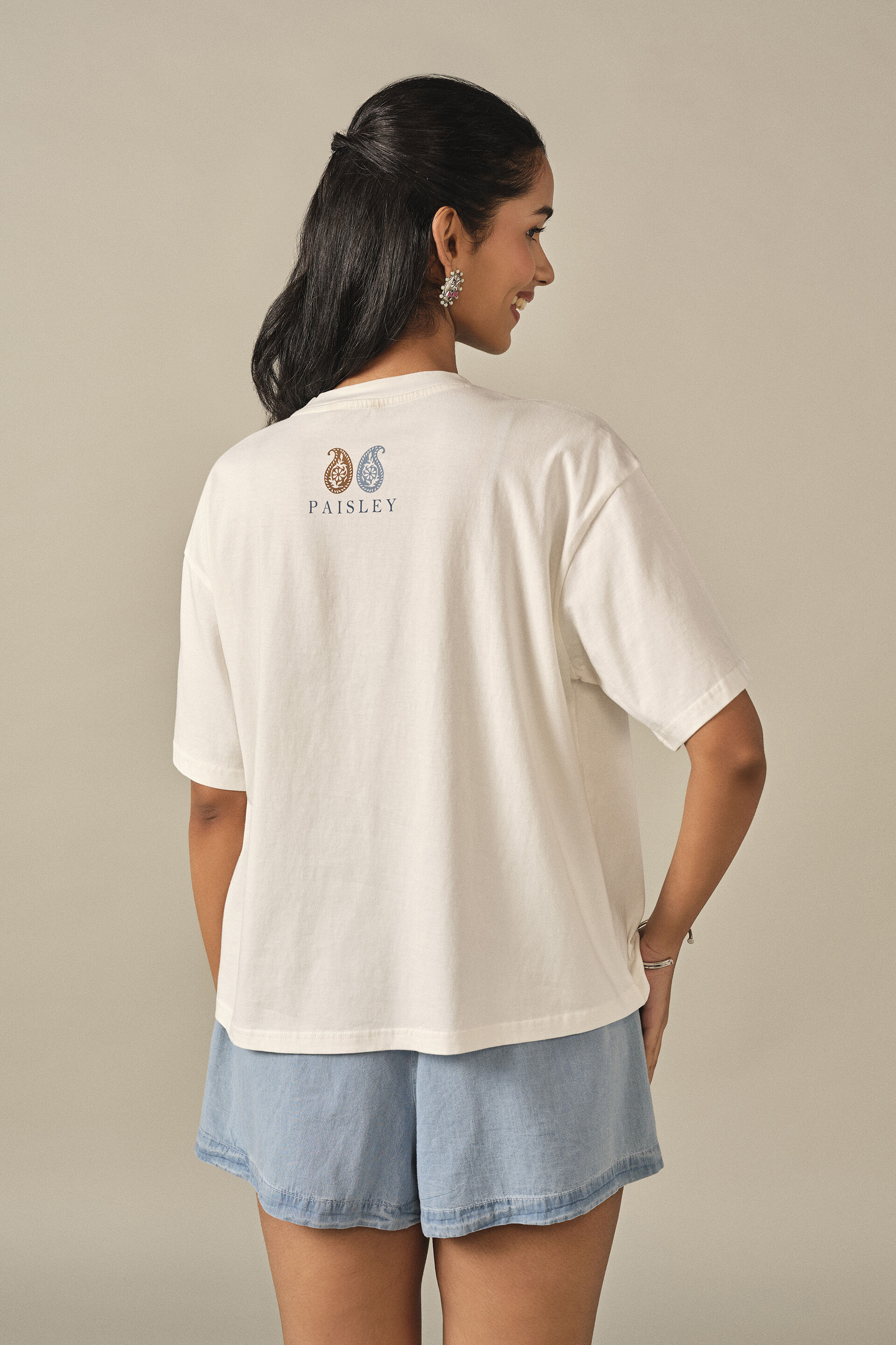 Printed Cotton T-shirt in White, White, image 6